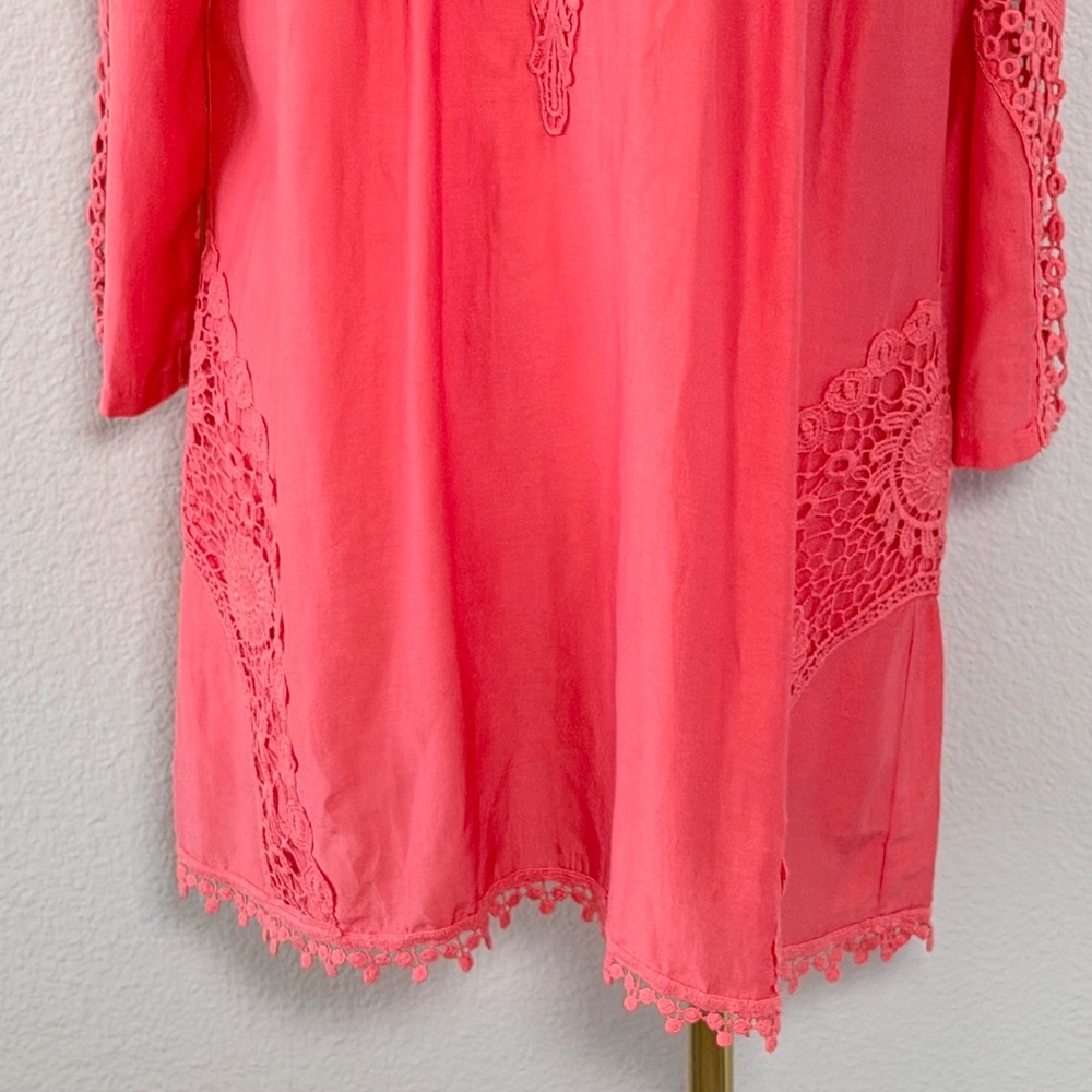 XCVI Coral Pink Cotton Silk Crochet Lace Tunic Top Bohemian Romantic Beachy Sz M - Picture 12 of 16